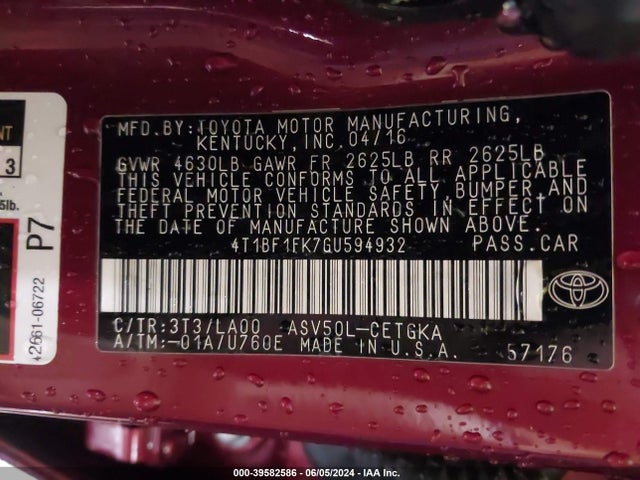 Toyota CAMRY XLE 2016 4T1BF1FK7GU594932 Image 9