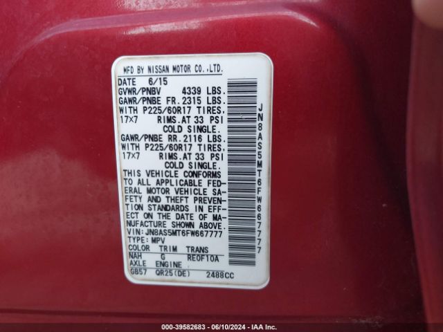 JN8AS5MT6FW667777 Nissan Rogue Select S