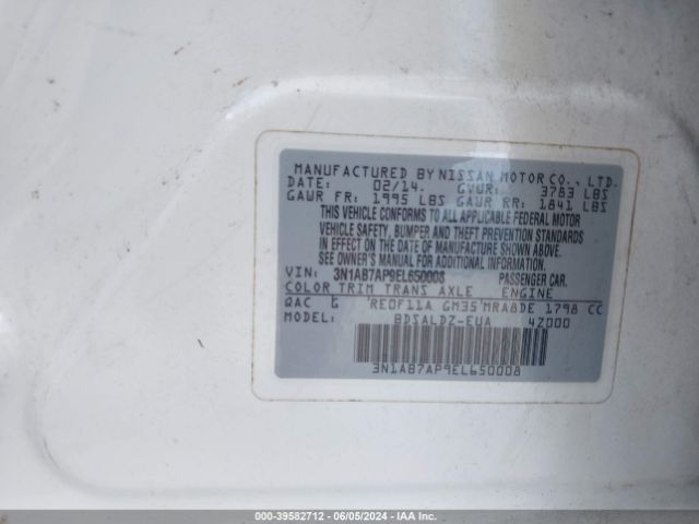 3N1AB7AP9EL650008 Nissan Sentra Fe+ S/fe+ Sv/s/sl/sr/sv