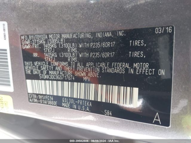 5TDKK3DC9GS717674 Toyota Sienna Le 8 Passenger