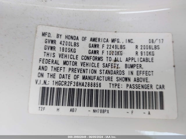 Honda ACCORD LX 2017 1HGCR2F36HA288856 Image 9