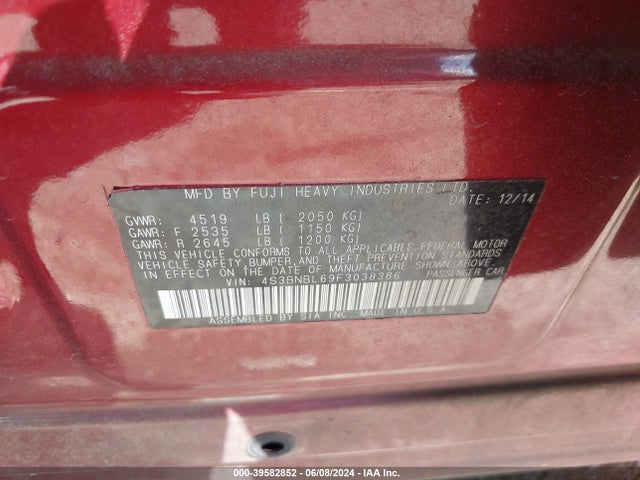 Subaru Legacy 2.5i Limited 2015 4S3BNBL69F3038386 Image 9