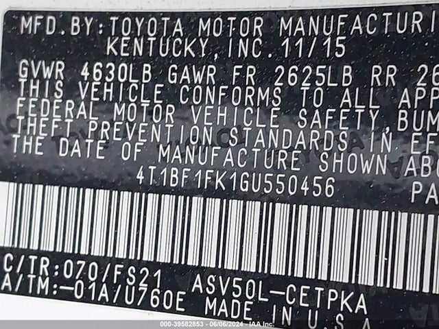 Toyota CAMRY SE 2016 4T1BF1FK1GU550456 Image 9