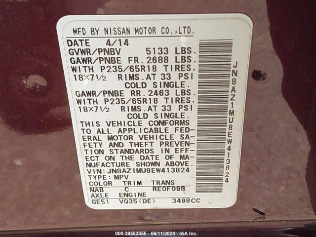 Nissan MURANO SL 2014 JN8AZ1MU8EW413824 Image 9