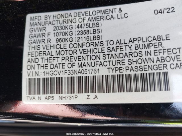 1HGCV1F33NA051761 Honda Accord Sport