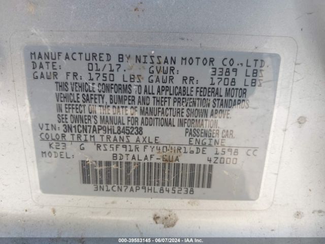 3N1CN7AP9HL845238 Nissan Versa 1.6 S