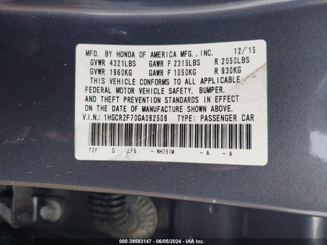 Honda ACCORD EX 2016 1HGCR2F70GA092509 Image 9