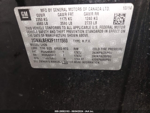Chevrolet EQUINOX 1LT 2015 2GNALBEK2F1111560 Image 9