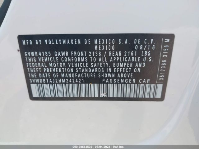 3VWDB7AJ2HM242421 Volkswagen Jetta 1.4t Se