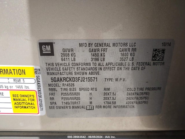 Buick Enclave Premium 2015 5GAKRCKD3FJ215571 Image 9