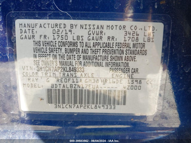 Nissan Versa 1.6 Sv 2019 3N1CN7AP2KL849333 Image 9