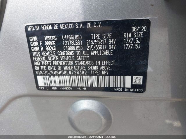 3CZRU6H58LM726392 Honda Hr-v Awd Ex