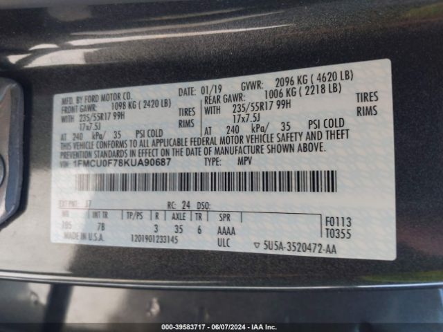 1FMCU0F78KUA90687 Ford ESCAPE S