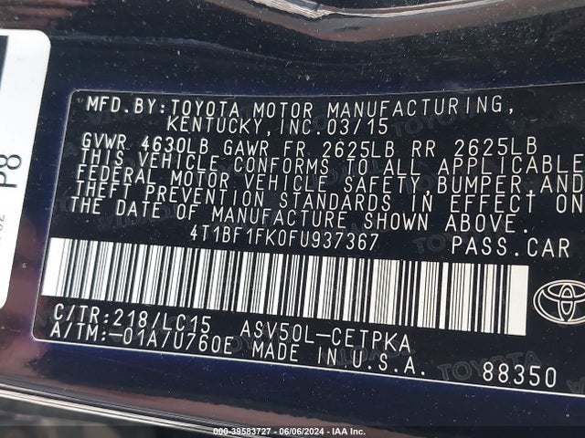 Toyota CAMRY XSE 2015 4T1BF1FK0FU937367 Image 9