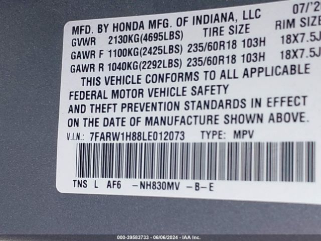 7FARW1H88LE012073 Honda Cr-v 2wd Ex-l
