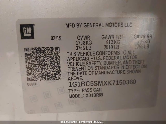 1G1BC5SMXK7150360 Chevrolet CRUZE LS