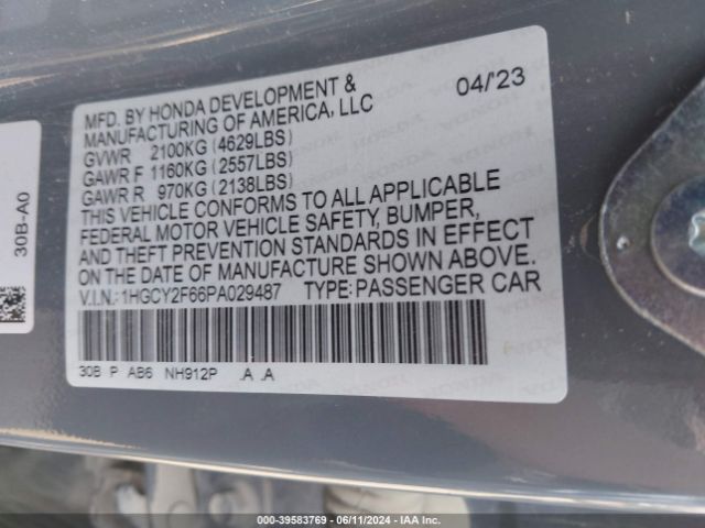 1HGCY2F66PA029487 Honda Accord Hybrid Ex-l