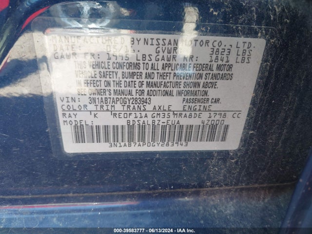 Nissan SENTRA S 2016 3N1AB7AP0GY283943 Image 9