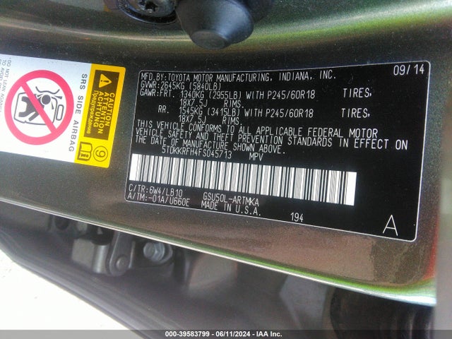 Toyota Highlander Xle V6 2015 5TDKKRFH4FS045713 Image 9