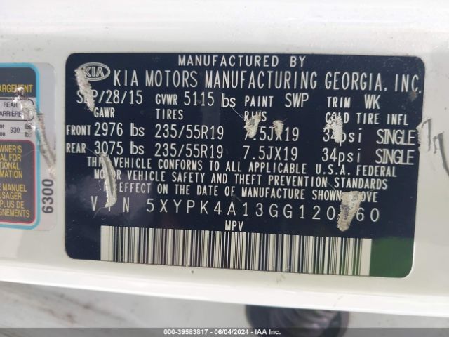 5XYPK4A13GG120760 KIA Sorento 2.0t Sxl