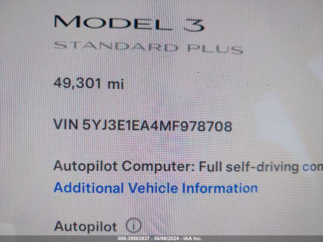 5YJ3E1EA4MF978708 Tesla Model 3 Standard Range Plus Rear-wheel Drive