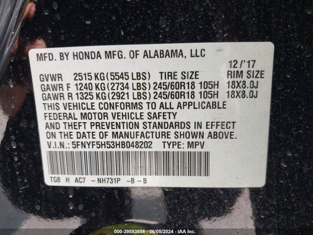 Honda Pilot Ex-l 2017 5FNYF5H53HB048202 Image 9