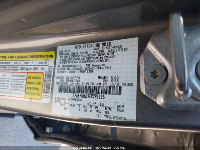 3FA6P0HD9ER291155 Ford FUSION SE