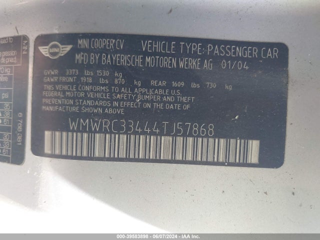 2004 MINI COOPER WMWRC33444TJ57868 Photo 8