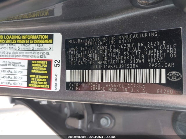 Toyota CAMRY SE 2020 4T1G11AKXLU919384 Image 9