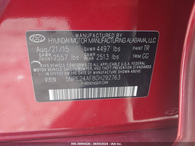 Hyundai SONATA SE 2016 5NPE24AF8GH292763 Image 9