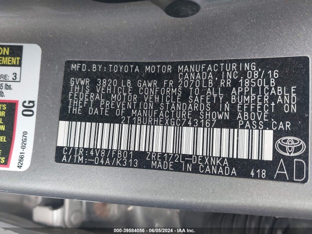 Toyota COROLLA LE 2016 2T1BURHEXGC743167 Image 9