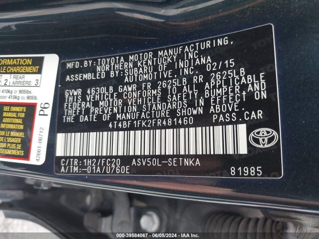 Toyota CAMRY LE 2015 4T4BF1FK2FR481460 Image 9