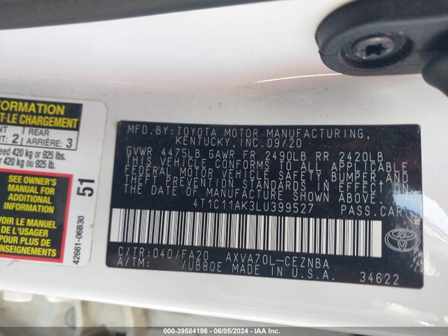 Toyota CAMRY LE 2020 4T1C11AK3LU399527 Image 9