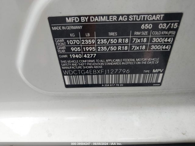 WDCTG4EBXFJ127796 Mercedes-Benz GLA 250