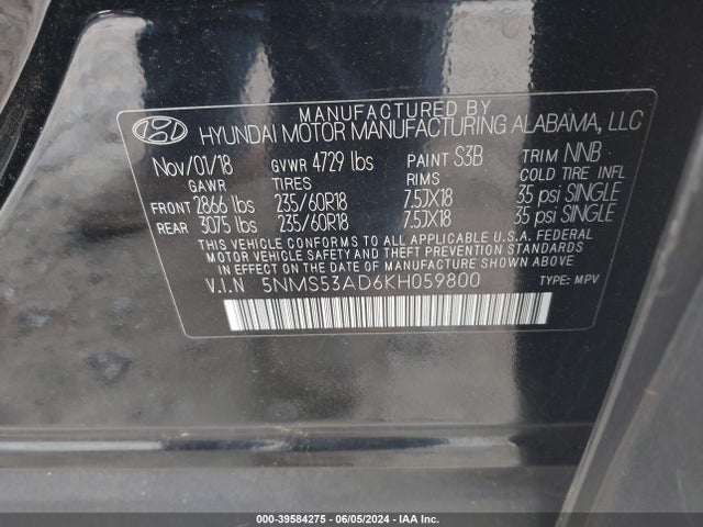 Hyundai Santa Fe Limited 2019 5NMS53AD6KH059800 Image 9