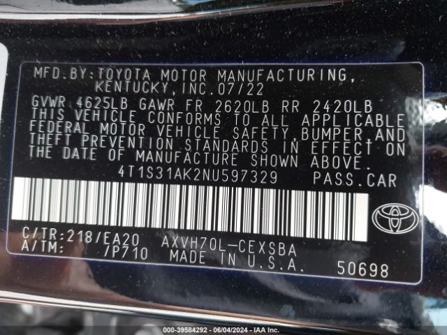4T1S31AK2NU597329 Toyota Camry Se Hybrid