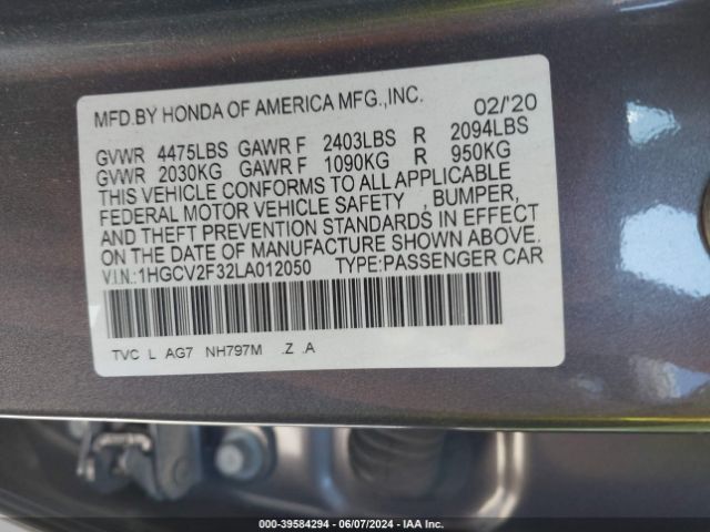 1HGCV2F32LA012050 Honda Accord Sport 2.0t