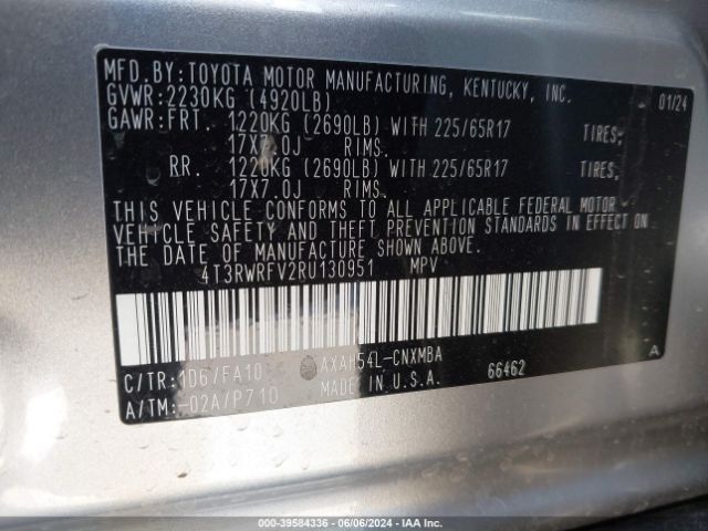4T3RWRFV2RU130951 Toyota Rav4 Xle Hybrid