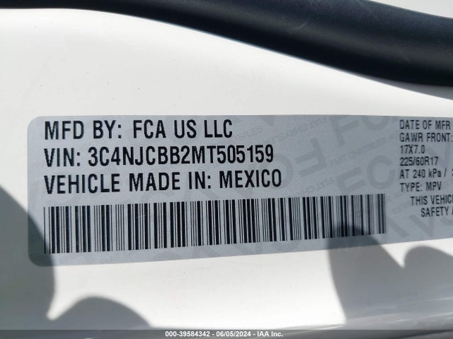 3C4NJCBB2MT505159 Jeep Compass Latitude Fwd