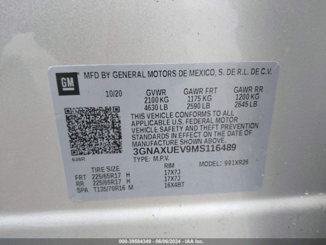 3GNAXUEV9MS116489 Chevrolet Equinox Awd Lt