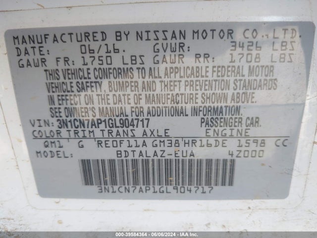 Nissan Versa 1.6 S+ 2016 3N1CN7AP1GL904717 Image 9