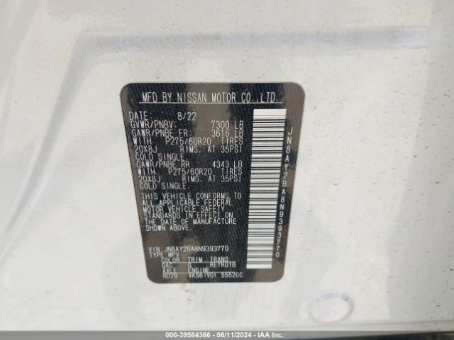 JN8AY2BA8N9393770 Nissan Armada Sl 2wd