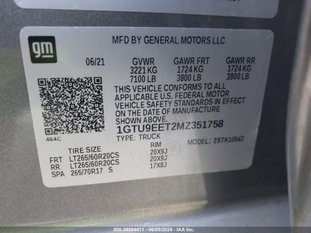 1GTU9EET2MZ351758 GMC Sierra 1500 4wd  Short Box At4