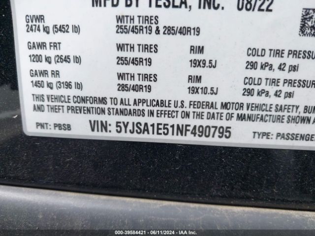 5YJSA1E51NF490795 Tesla Model S Dual Motor All-wheel Drive