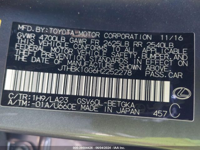 JTHBK1GG6H2252278 Lexus ES 350