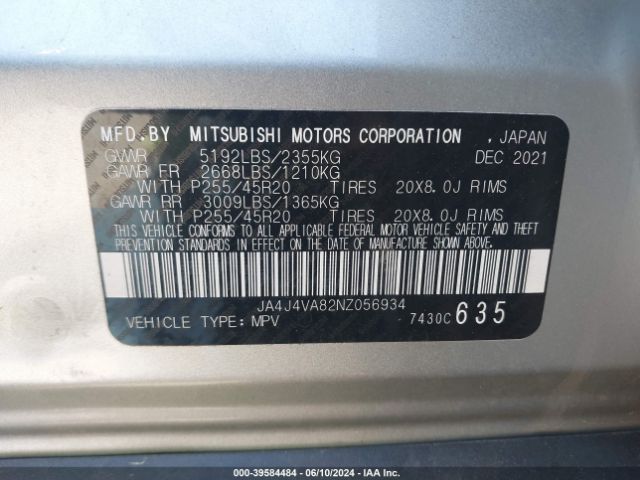 JA4J4VA82NZ056934 Mitsubishi Outlander Sel 2.5 S-awc