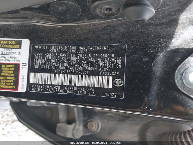Toyota AVALON LIMITED 2015 4T1BK1EB3FU175326 Image 9
