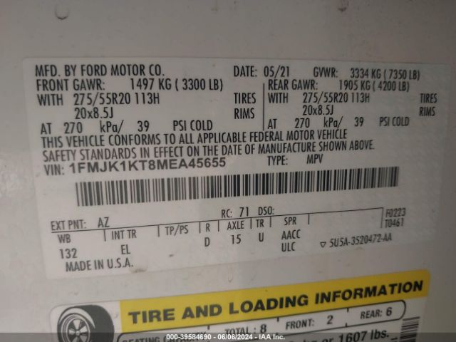 1FMJK1KT8MEA45655 Ford Expedition Limited Max