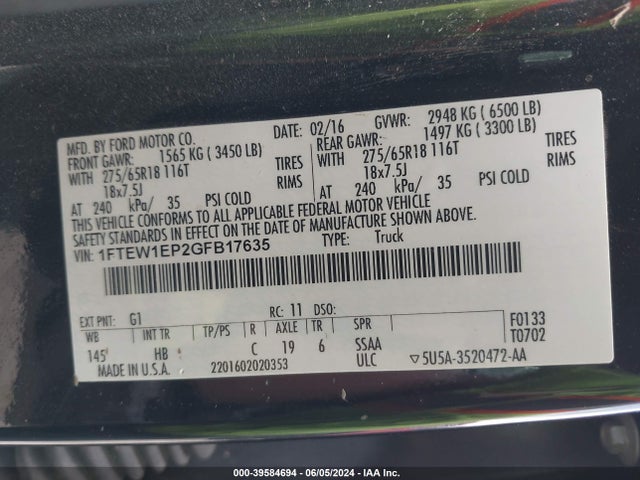Ford F-150 Lariat 2016 1FTEW1EP2GFB17635 Image 9