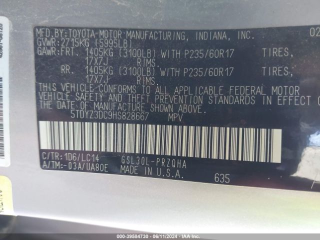 5TDYZ3DC9HS828667 Toyota Sienna Xle 8 Passenger